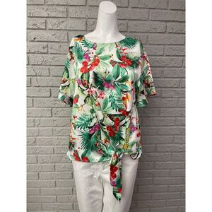 Worthington Women Tropical Print Satin Short Sleeve Side Tie Blouse Size S